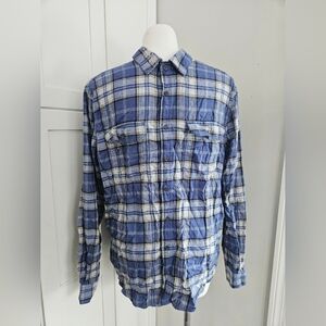 George Men's Flannel Shirt XLT (46-48) Blue Plaid Long Sleeve